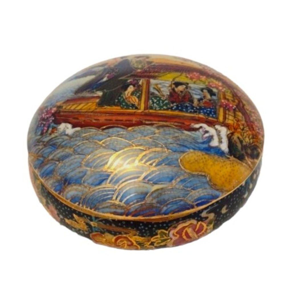 Satsuma Cloisonné Moriage Round Lidded Trinket Dish Vintage Japanese Gold 4"